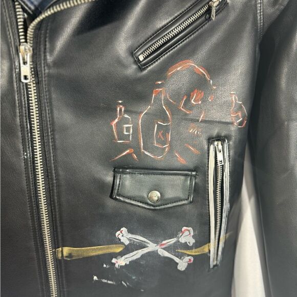 URBAN OUTFITTERS CUSTOM PAINTED FAUX VEGAN LEATHER JACKET BLACK SP - Picture 6 of 6